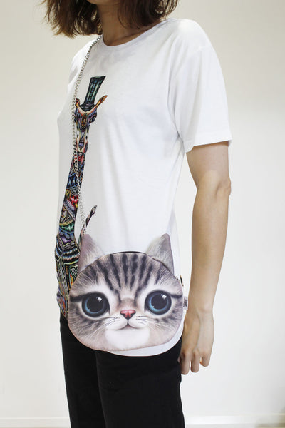 Cat 3D printed shoulder bag-Long chain strap