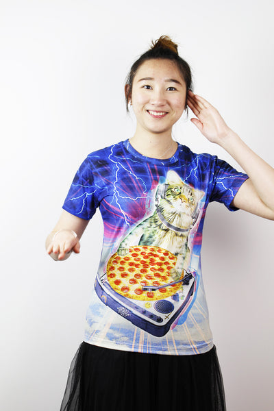 3D T-shirts-DJ Cat with pizza