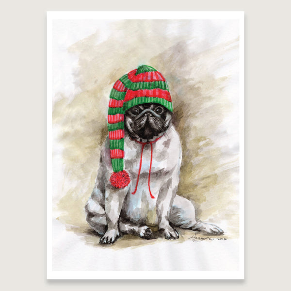 Pug wearing christmas hat
